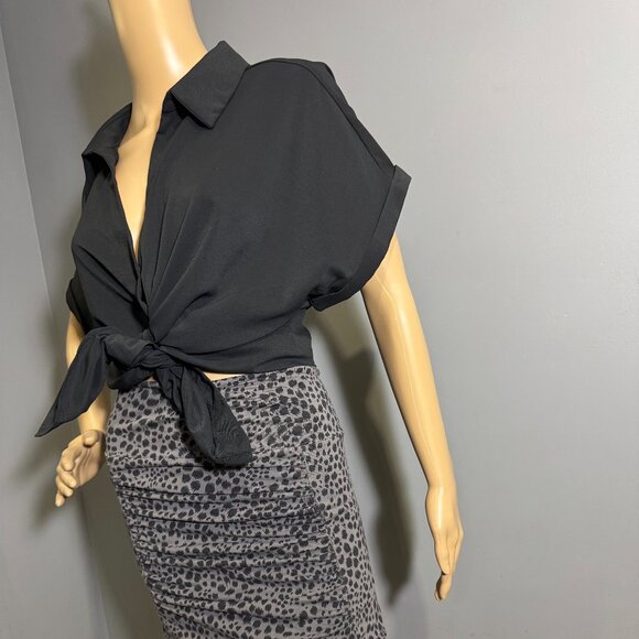 Black Tie-Front Button-Up Shirt ~ Minimalist Versatile Blouse - Picture 12 of 12